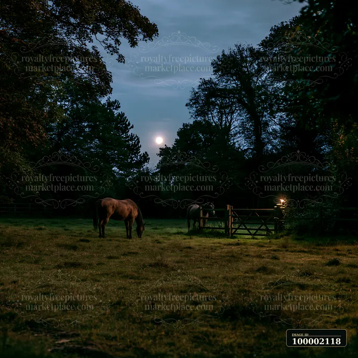 Two horses are grazing in a meadow under a bright moon.