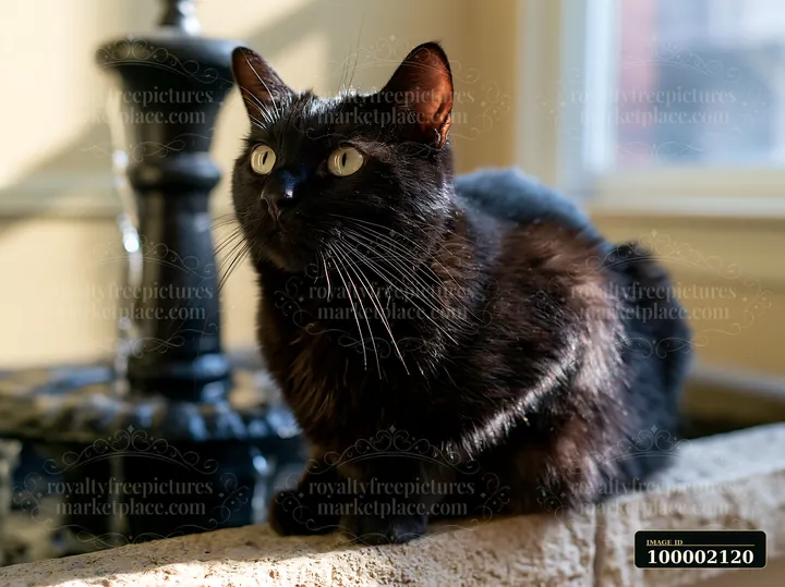A Suphalak cat portrait shows a black cat with bright yellow eyes sitting by a fountain in a well-lit room.