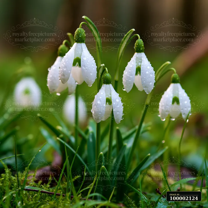 Snowdrop flowers beneath trees show delicate blooms with water droplets on their petals.