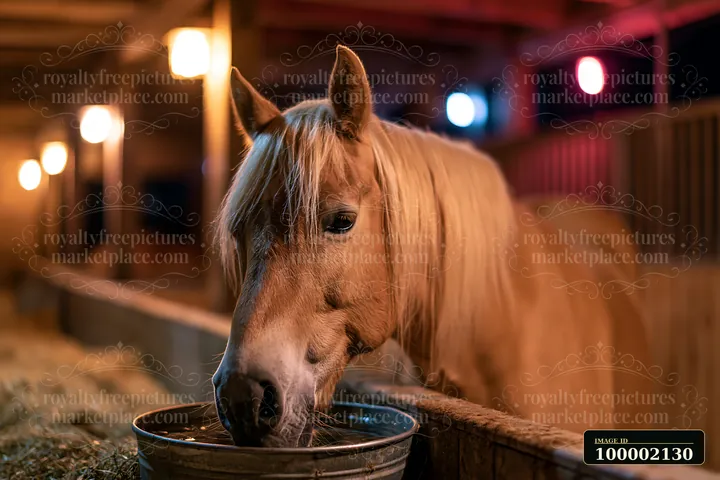 A horse is sleeping in a stall at night, surrounded by soft hay and wooden walls.