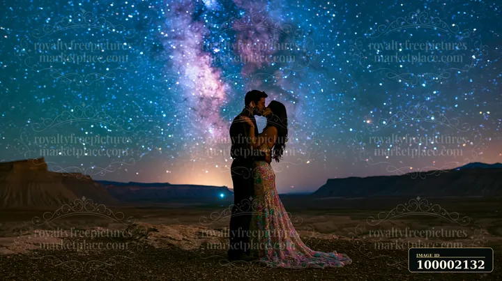 A young couple kissing beneath visible Milky Way shows a beautiful night sky filled with stars.