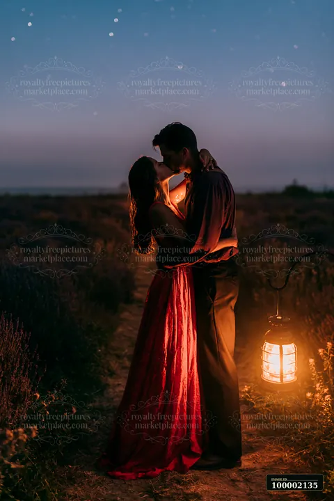 A couple kisses under a starry sky near a glowing lantern on a path.
