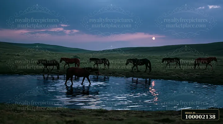 Mustangs crossing a moonlit prairie gather around a water source as the sun sets behind the hills.