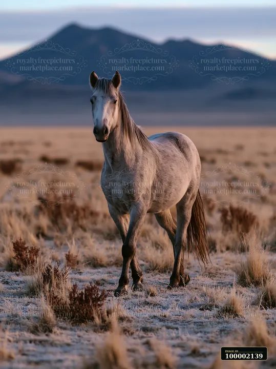 Wild horses roam across a vast landscape with sparse vegetation, showing their natural behavior in a remote wilderness.