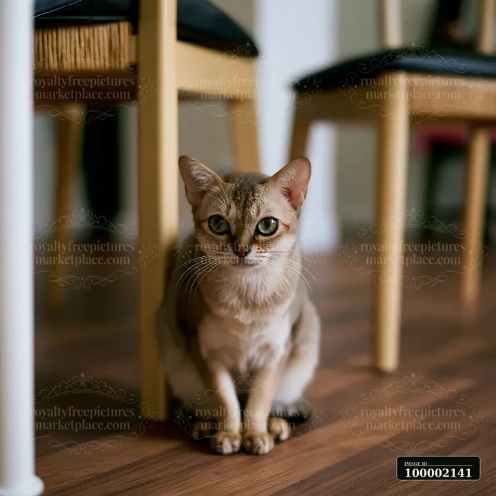 A Singapura cat portrait shows a cat sitting on wooden floor near two chairs in a cozy indoor setting.