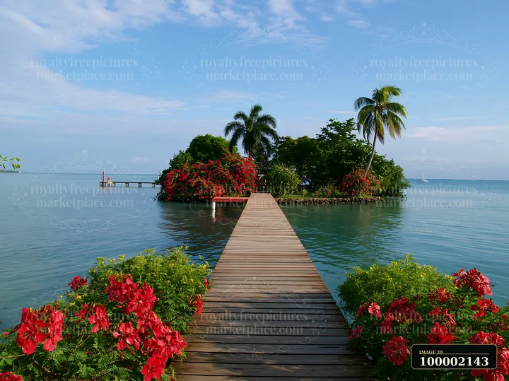 A wooden pier leads to an island with flowers in a tropical lagoon surrounded by clear water and palm trees.