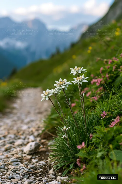 White flowers stand along a gravel path with dramatic clouds around alpine peaks in the background.