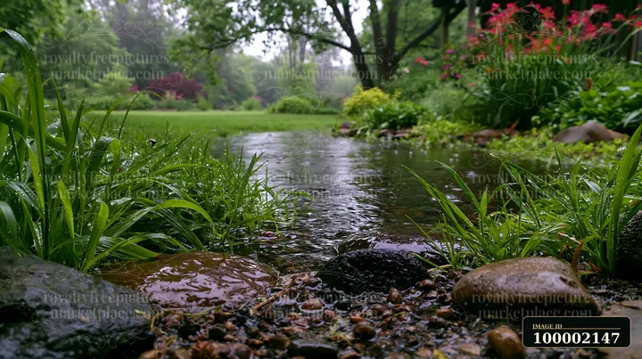Raindrops create ripples on the surface of a puddle in a garden.