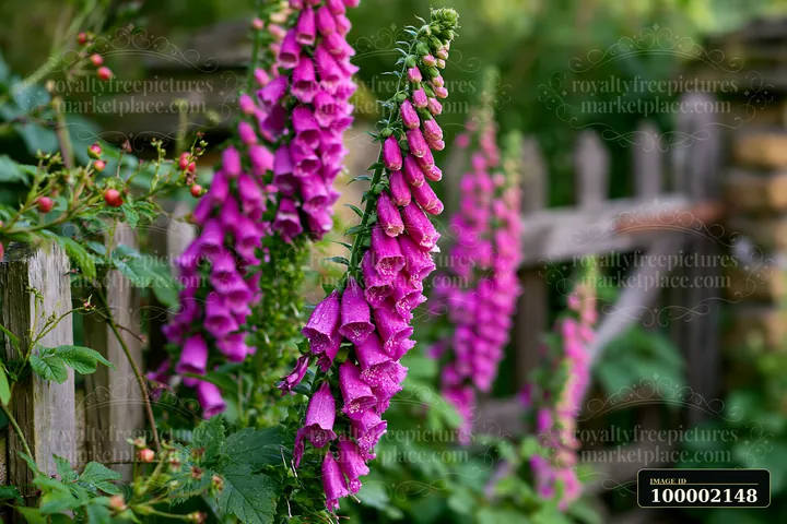 Tall foxglove flowers by cottage grow alongside a wooden fence.