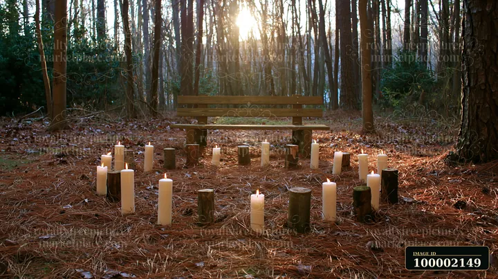 Candles arranged in a circle on wooden logs surround a bench in a forest.
