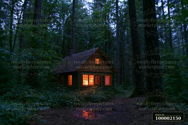 A cabin with warm light is surrounded by tall trees in a dark forest.