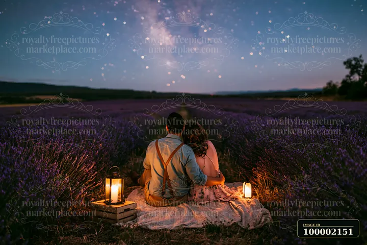 A couple under stars in a lavender field sits on a blanket surrounded by lavender flowers.