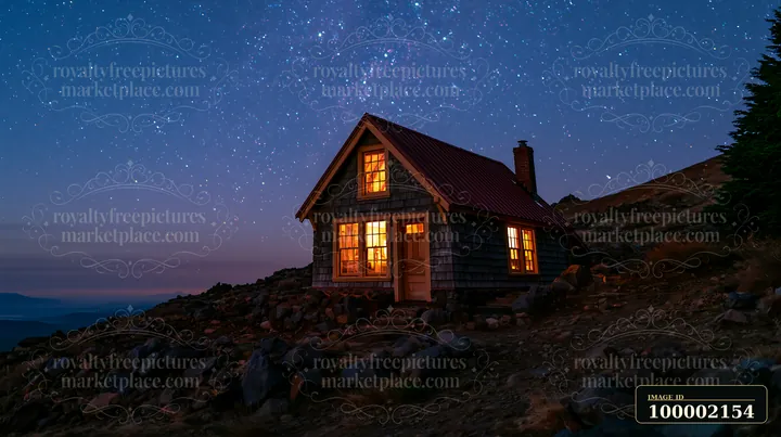 A small cabin with glowing windows sits on rocky terrain beneath a starry sky.