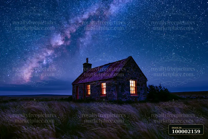 A small country house stands alone under a starry sky with the Milky Way visible.