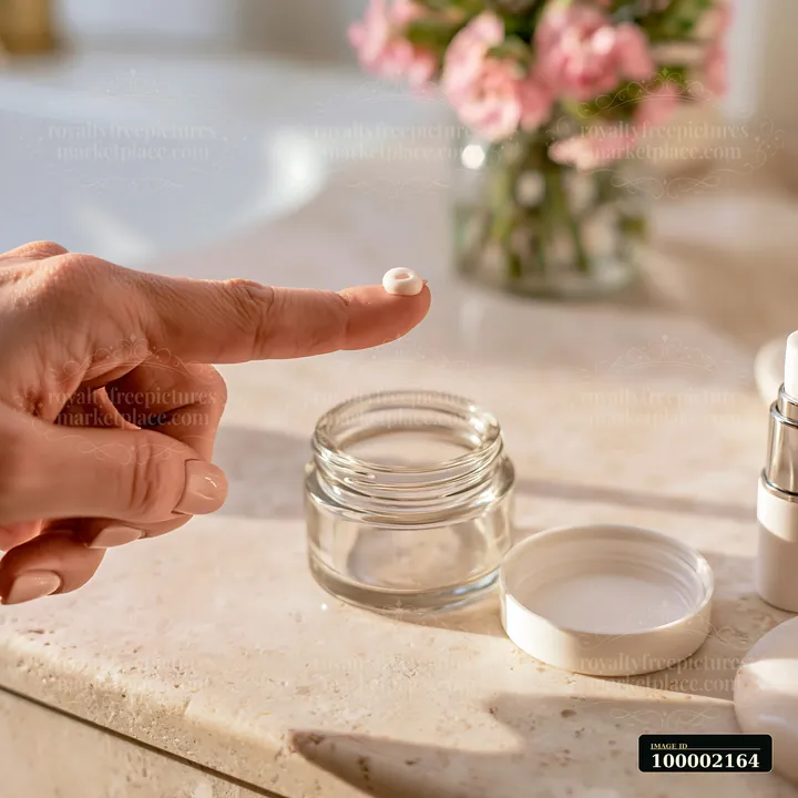 A hand holds a small amount of cream on a finger above a jar on a bathroom countertop with flowers in the background.