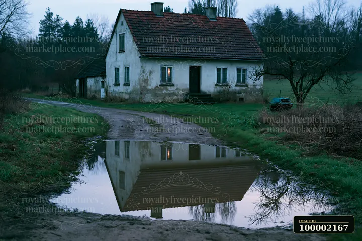 An old cottage with weathered facade stands beside a muddy path at dusk, reflecting in a puddle nearby.