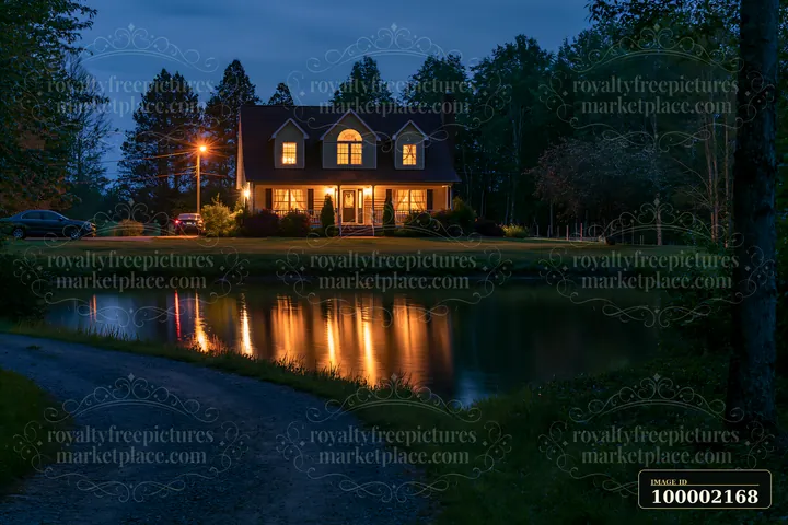 A house beside a pond at night glows softly from illuminated windows.