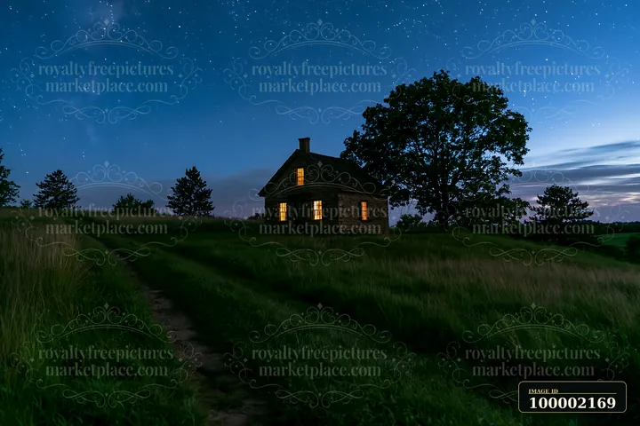 A house in a meadow beneath stars stands at night with lit windows illuminating the surrounding grass.