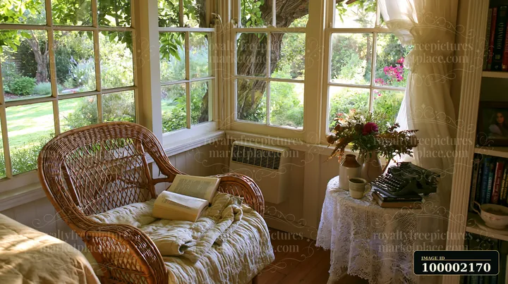 A bright reading corner in a cottage features a wicker chair, a book, and a typewriter.