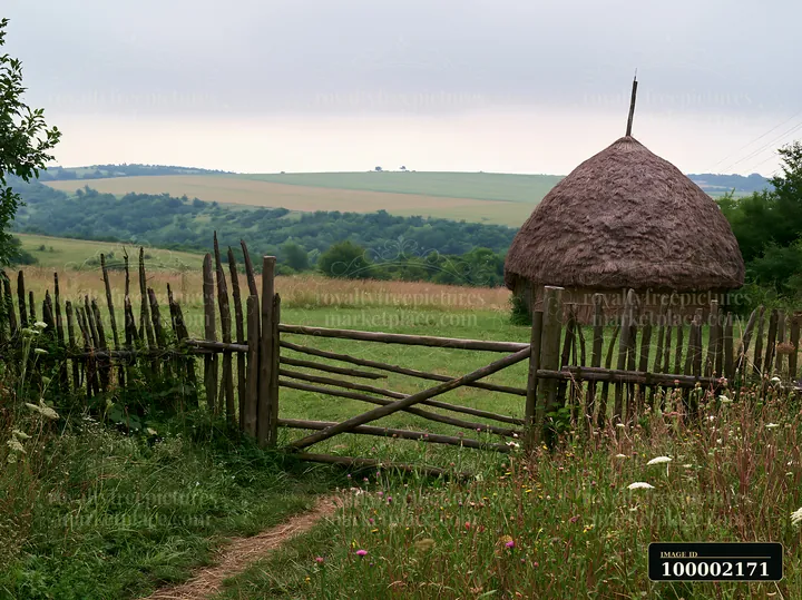 A wooden gate opens to a meadow with traditional haystack in the distance.