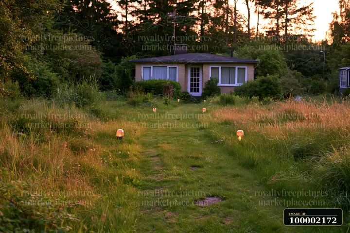 A pathway leads to an empty garden house with lights lining the way.