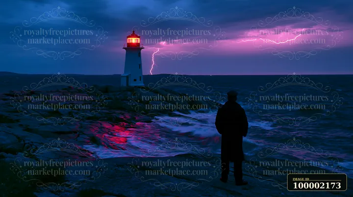 A person stands on rocky shoreline as lightning strikes above the ocean.