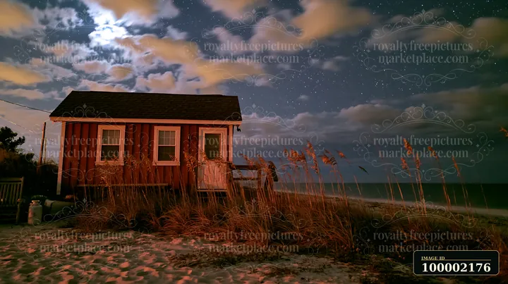 A beach house under stars stands by the shore with tall grass in the foreground.
