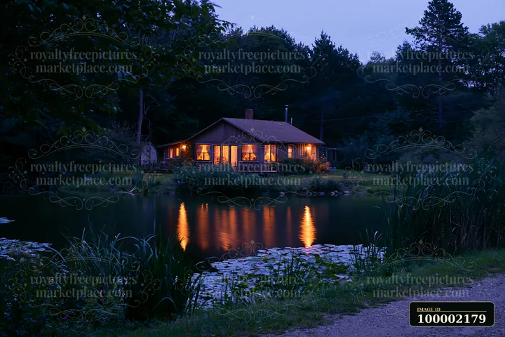 A house beside a pond at night shows warm light shining from the windows, surrounded by trees and grass.