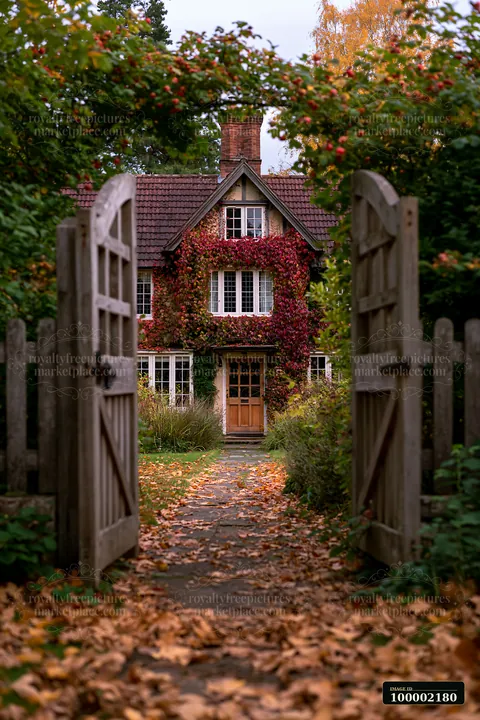 A traditional country house exterior has ivy climbing its walls, framed by wooden gates and a stone path.