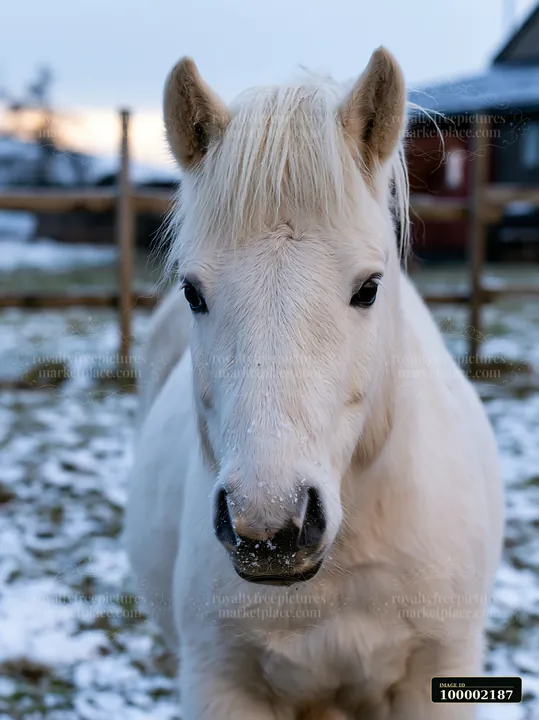 A white horse stands close to the camera in a farm setting with snow on the ground and buildings in the background.