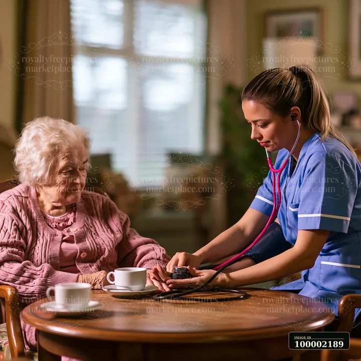 A nurse checks the blood pressure of an elderly dementia patient sitting at a table.
