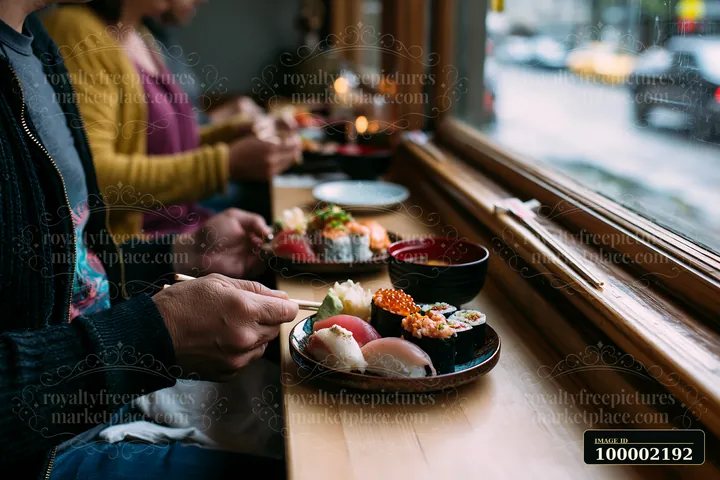 Two people enjoy a romantic sushi dinner at a cozy restaurant, seated at a wooden table by the window.