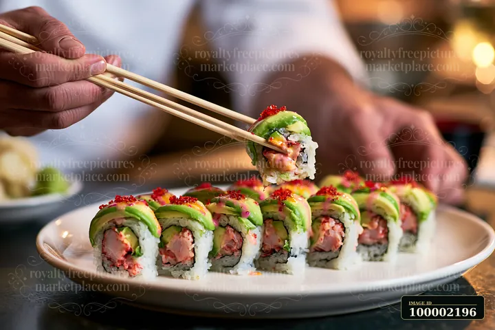 A chef prepares a dragon roll close-up with colorful toppings on a white plate in a sushi restaurant.
