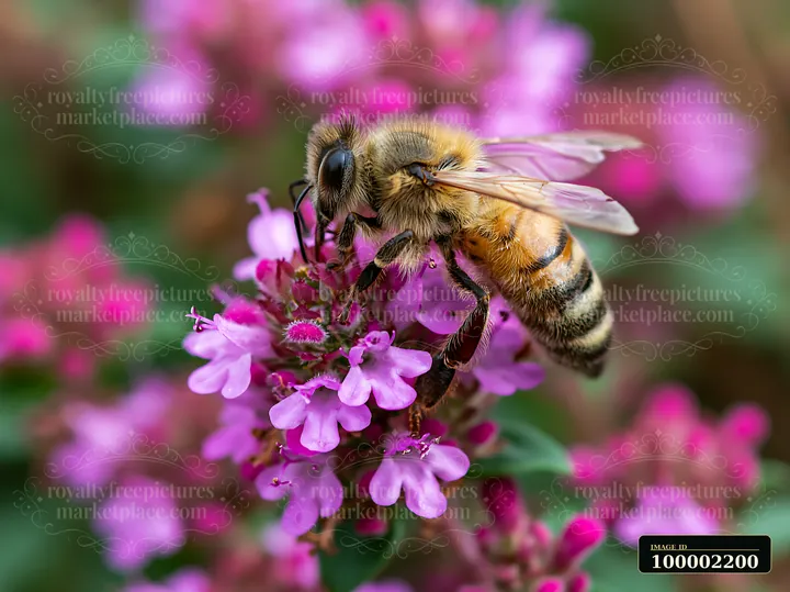 A honey bee on thyme flower gathers nectar in a garden.