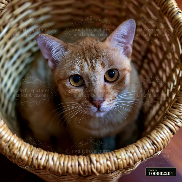 A Suphalak cat sits inside a woven basket with its head slightly tilted.