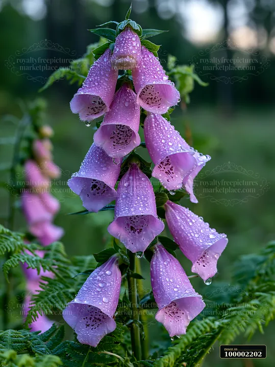 Foxglove flowers in woodland clearing showcase clusters of purple blooms with droplets of water glistening on their petals.