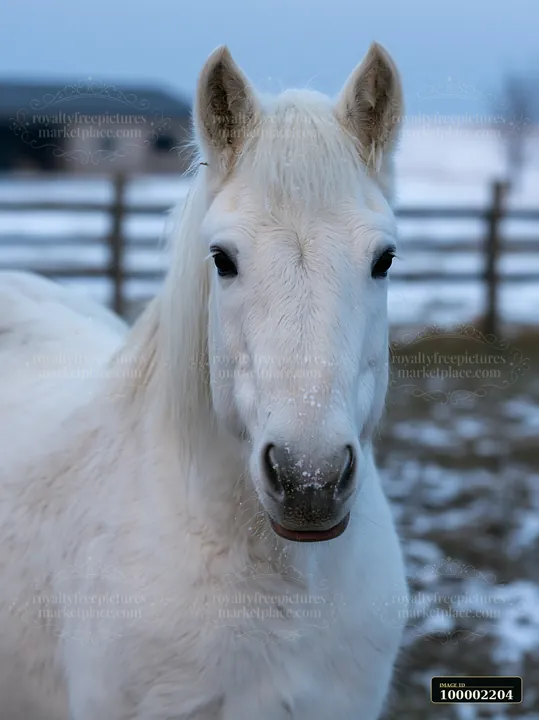 A white horse stands close to the camera with a snowy background and a fence.