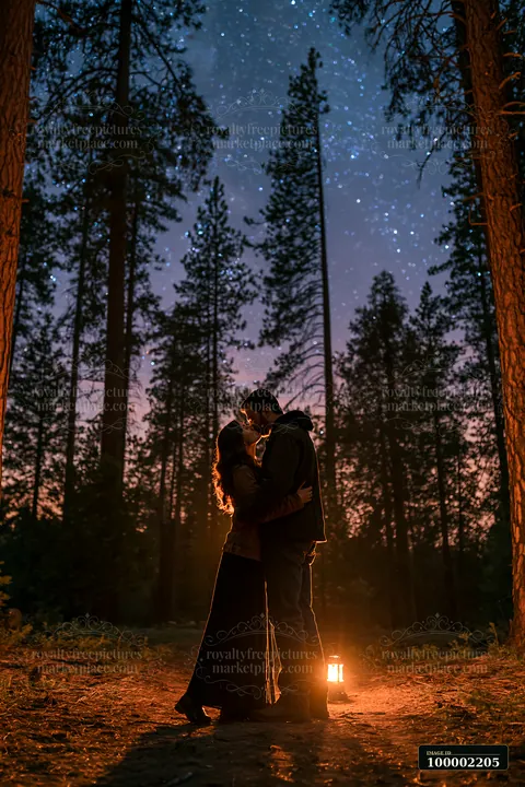 A couple kisses beneath a clear night sky filled with stars, surrounded by tall trees.