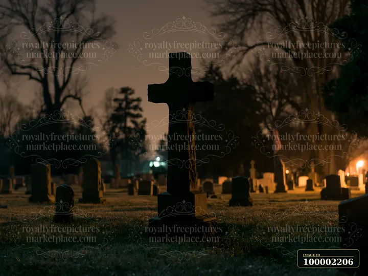 A dark cemetery features gravestones and a prominent cross under a night sky.