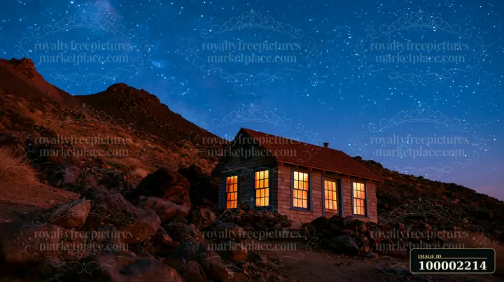 A cabin sits alone on rocky terrain under a starry sky.