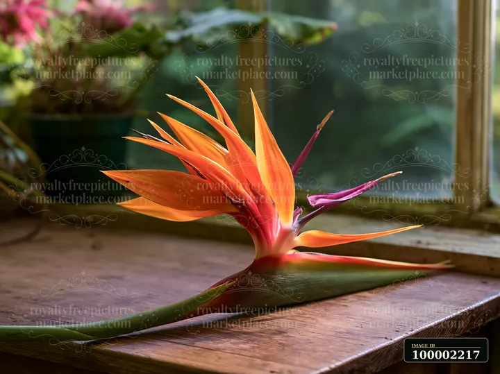 A bird of paradise flower rests on a wooden table inside a greenhouse with soft light filtering through the windows.