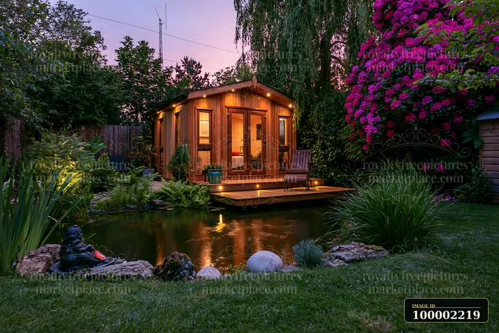 A garden room with an illuminated deck sits beside a pond, surrounded by flowers and plants.