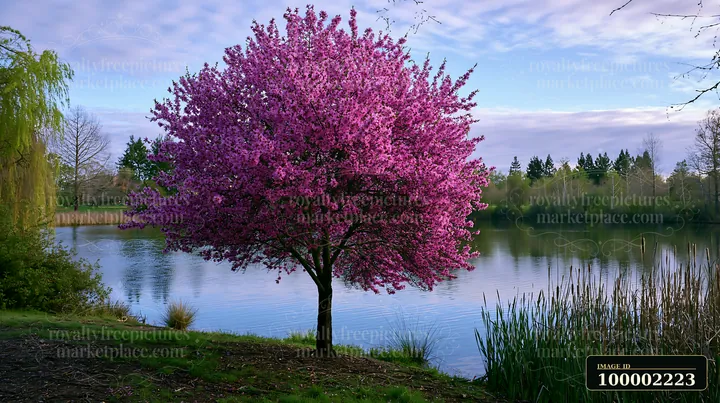 Almond tree blossoms in landscape fill the scene beside a calm lake.