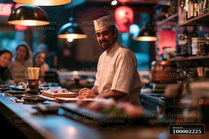 A sushi chef greeting diners at a lively restaurant, serving fresh sushi on a wooden counter.