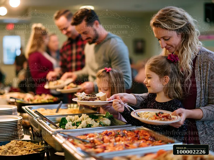 Families gather around a buffet at a church event, serving food onto plates.