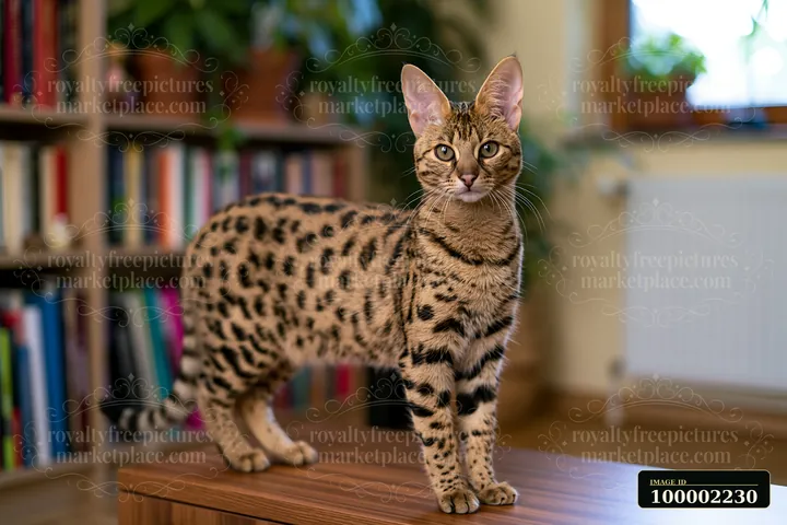 A Savannah cat at home stands on a wooden table.