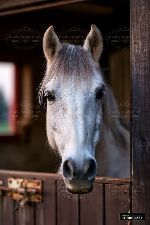 A horse looking through stable door stands in soft light at sunset.