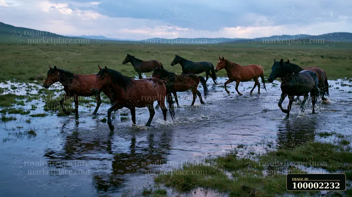 Wild horses running through rain create splashes as they move through a flooded area.