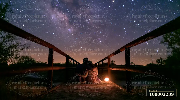 A couple stargazing in a desert at night sits on a wooden bridge under a clear sky filled with stars.
