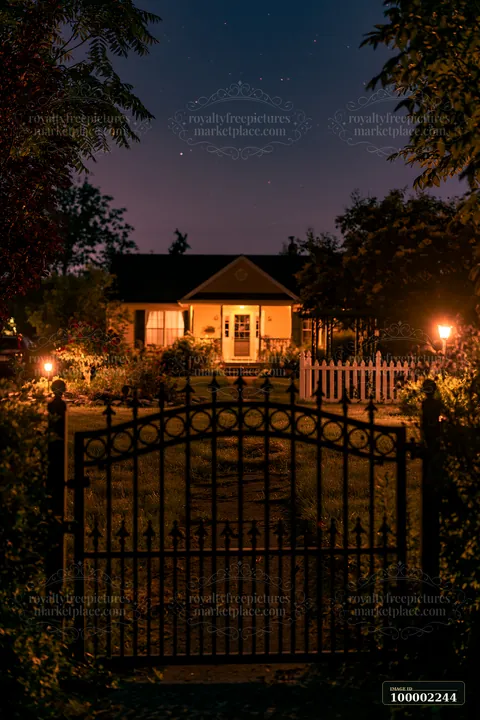 A country home stands under a clear night sky, featuring a well-maintained garden illuminated by soft lights.